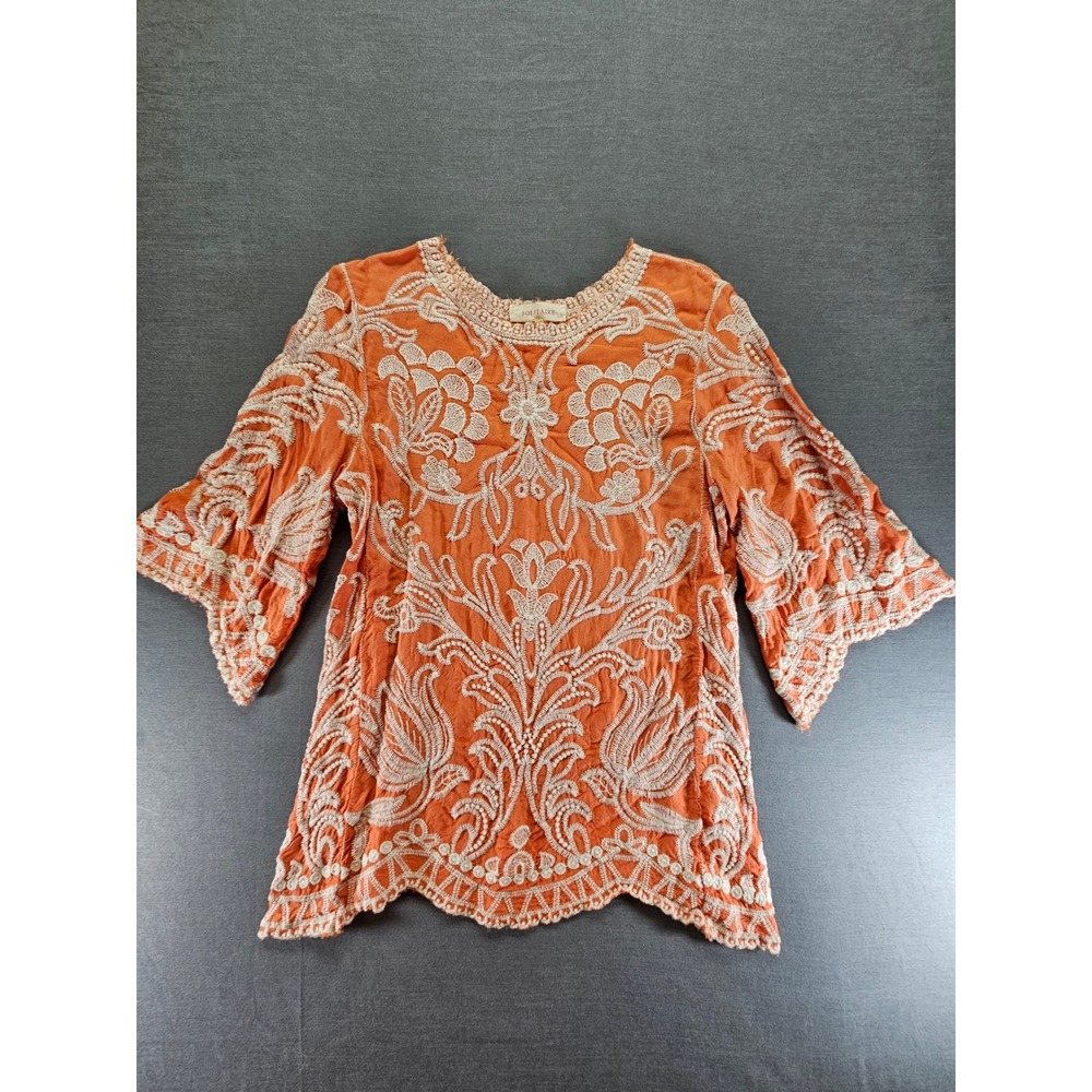 Solitaire Orange Embroidered Boho Tunic Top Bell Sleeve Small